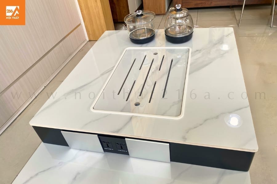 Bàn ăn kết hợp đảo bếp CZ15 đen có ấm đun 54 Bàn đảo bếp màu đen mặt đá trắng