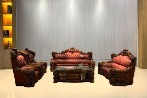 Sofa tân cổ điển da bò ý gỗ mun nhập khẩu