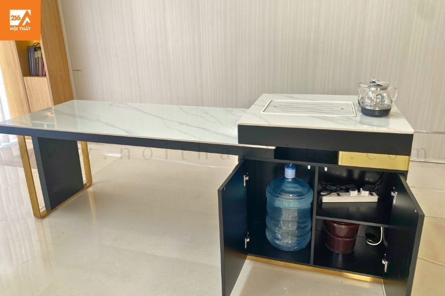 Bàn ăn kết hợp đảo bếp CZ15 đen có ấm đun 52 Bàn đảo bếp màu đen mặt đá trắng