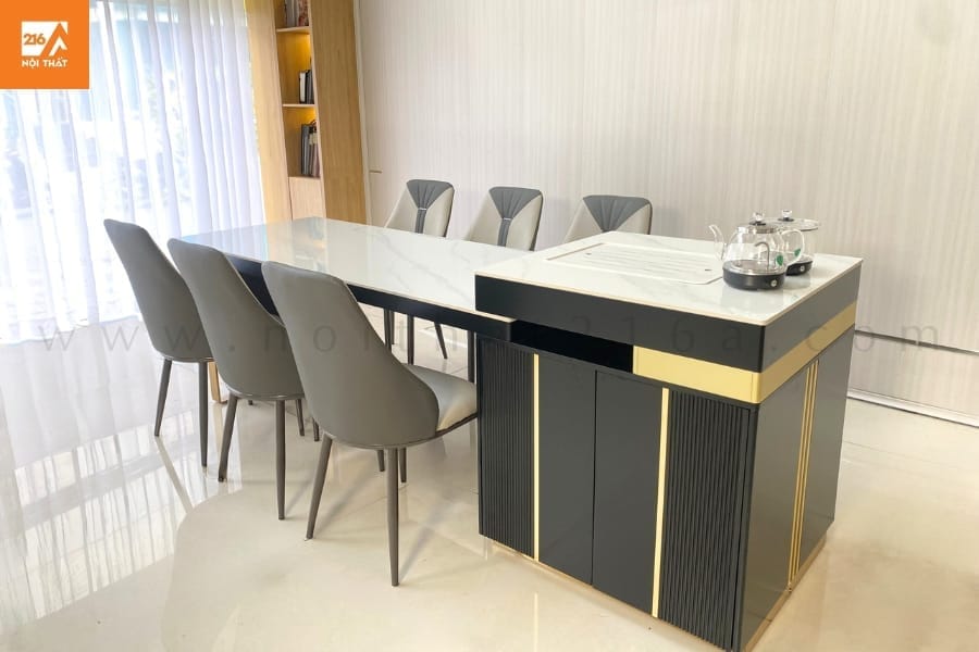 Bàn ăn kết hợp đảo bếp CZ15 đen có ấm đun 49 Bàn đảo bếp màu đen mặt đá trắng