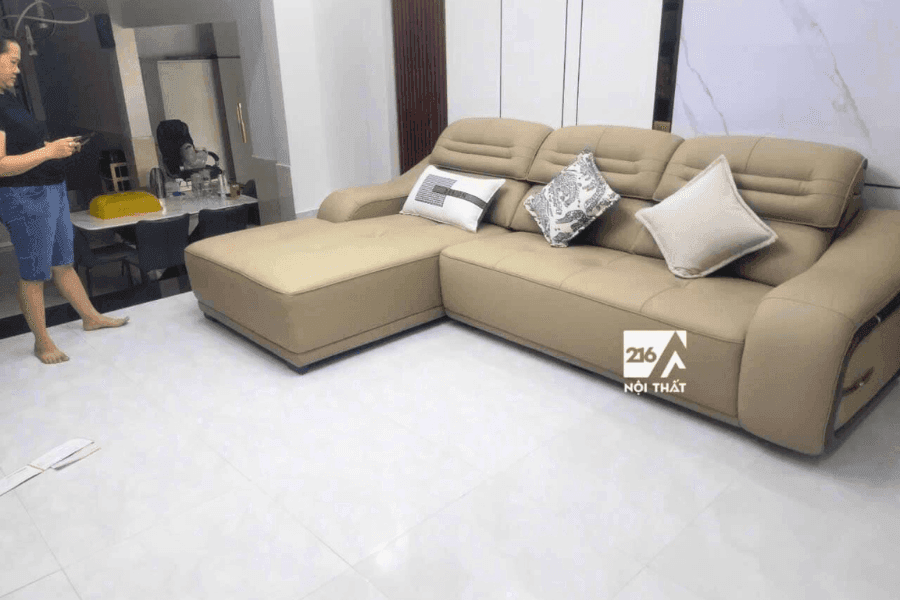 Sofa da bò nhập khẩu góc L tay ốp gỗ