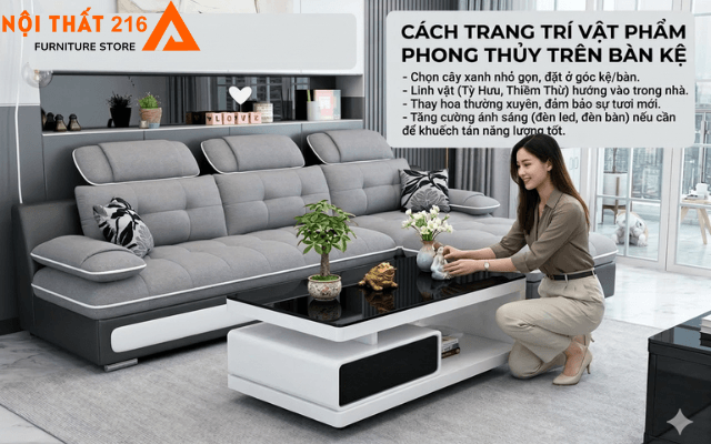 Cách chọn bàn kệ phòng khách nhà phố hút tài lộc vận may 4 Cách trang trí vật phẩm phong thủy trên bàn kệ