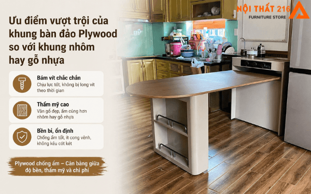 Gỗ Plywood chống ẩm làm khung bàn ăn đảo bếp có tốt không? 4 Uu-diem-vuot-troi-cua-khung-ban-dao-Plywood-chong-am-so-voi-khung-nhom-hay-go-nhua