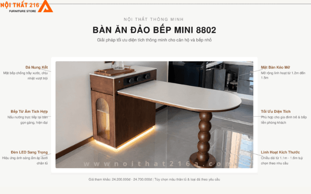 7 Mẫu bàn ăn đảo bếp mới cập nhật tại nội thất 216a 8 Ban-an-dao-bep-mini-8802-giai-quyet-bai-toan-bep-nho-ra-sao